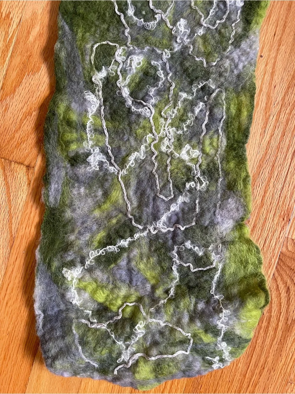 Olive Green and Gray Felted Merino Wool Scarf with White Embellished Yarns